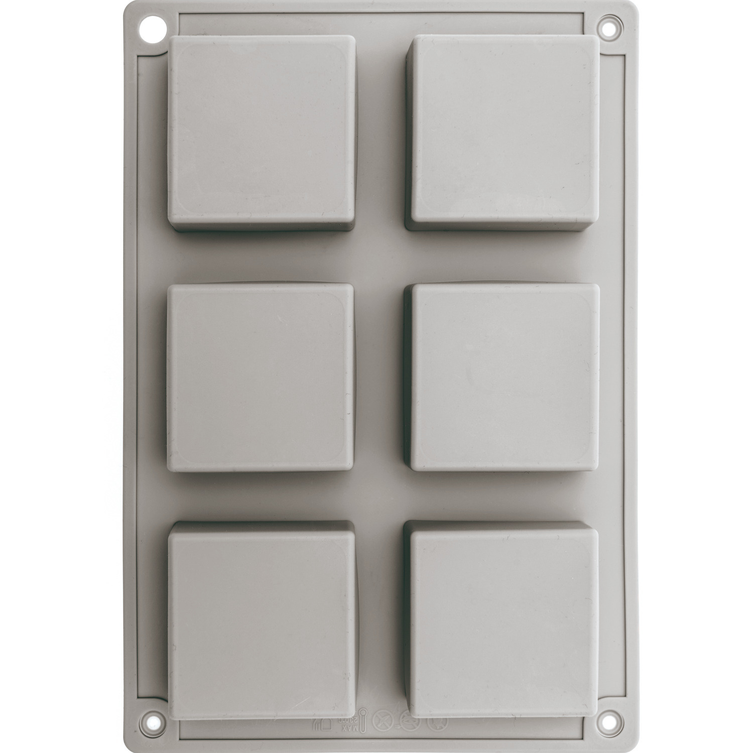 Seifengießform quadratisch von Rico Design, 6 graue Formen auf rechteckiger Platte.