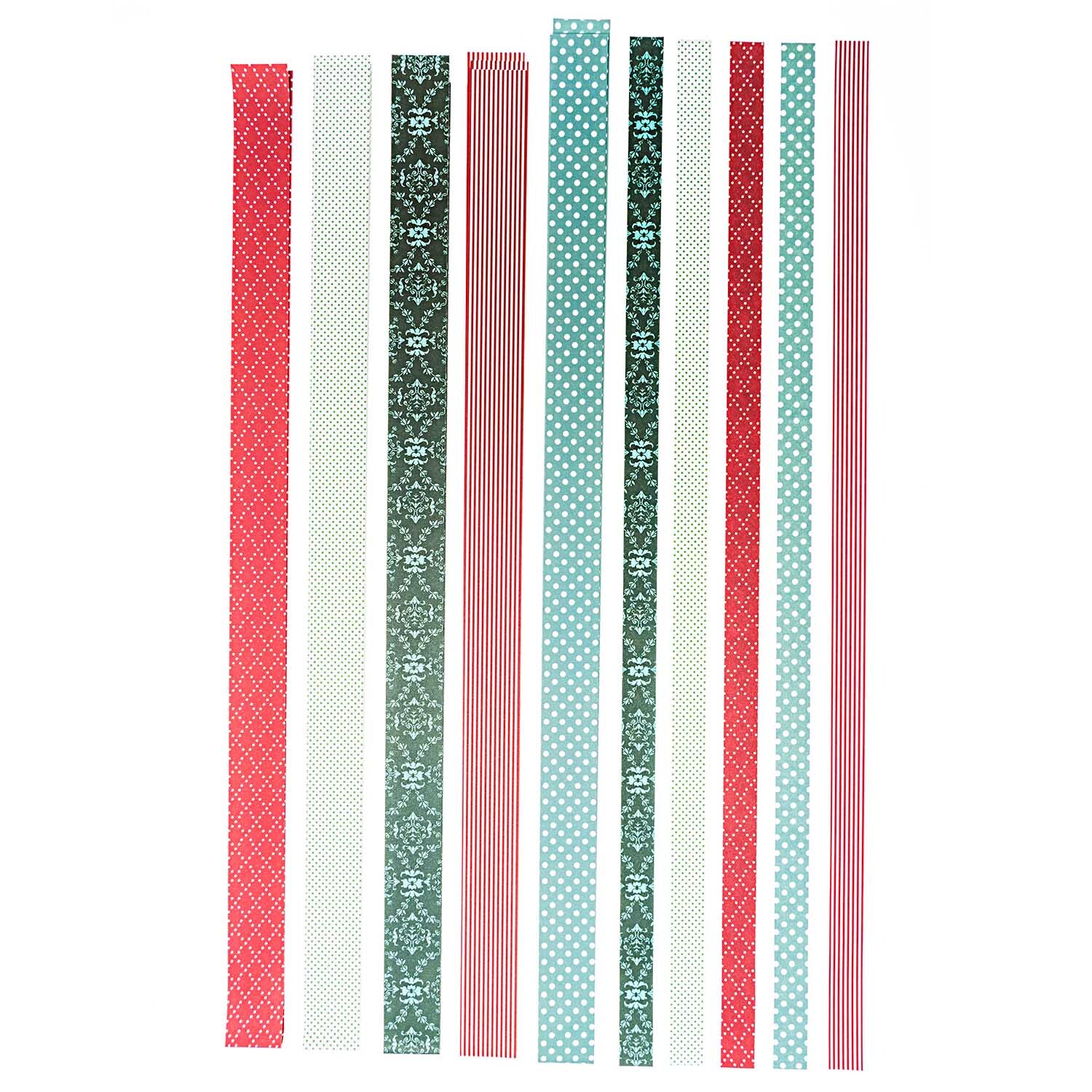 Paper Poetry Fröbelstreifen Christmas Mix 60 Stück von Rico Design zeigt bunte Streifen in Rot, Grün und Blau mit verschiedenen Mustern.