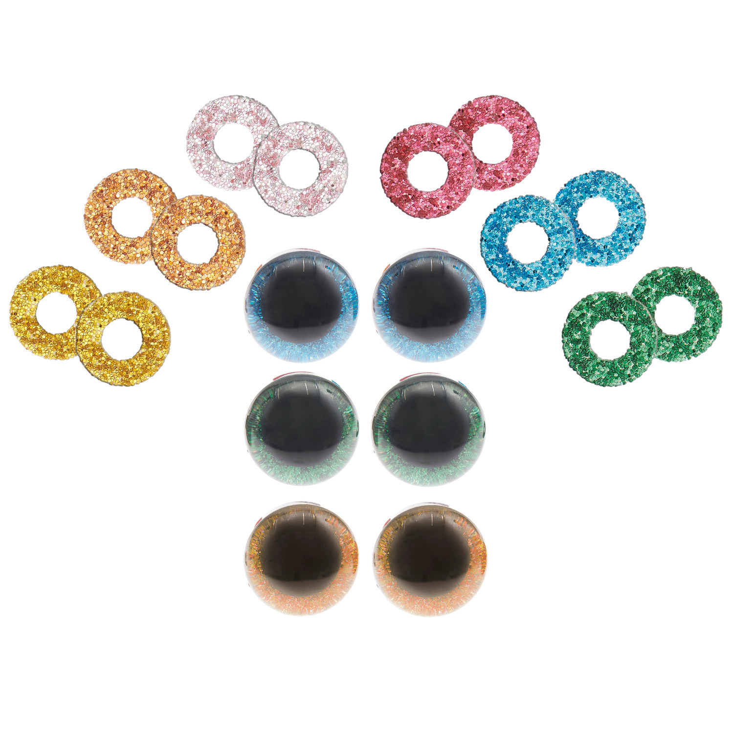 Sicherheitsaugen-Set für Kuscheltiere 6 Farben, 3 Paar 12mm, mit glitzernden Ringen in Rosa, Blau, Grün, Orange und Gold.