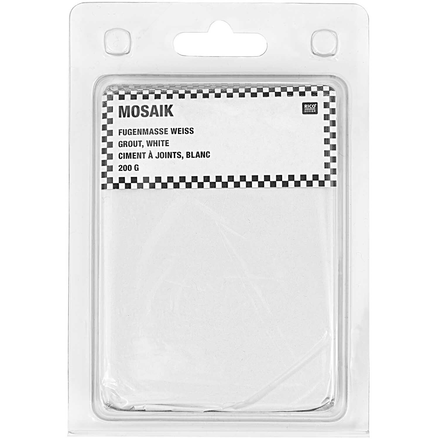Fugenmasse weiß 200g von Rico Design in transparenter Verpackung, ideal für Mosaikarbeiten.