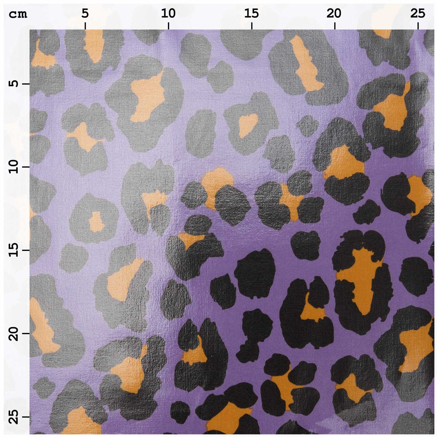 Stoffabschnitt PVC-Stoff Glossy Acid Leo lila mit Leopardenmuster in Schwarz und Orange, 25x70cm. Ideal für kreative Nähprojekte.