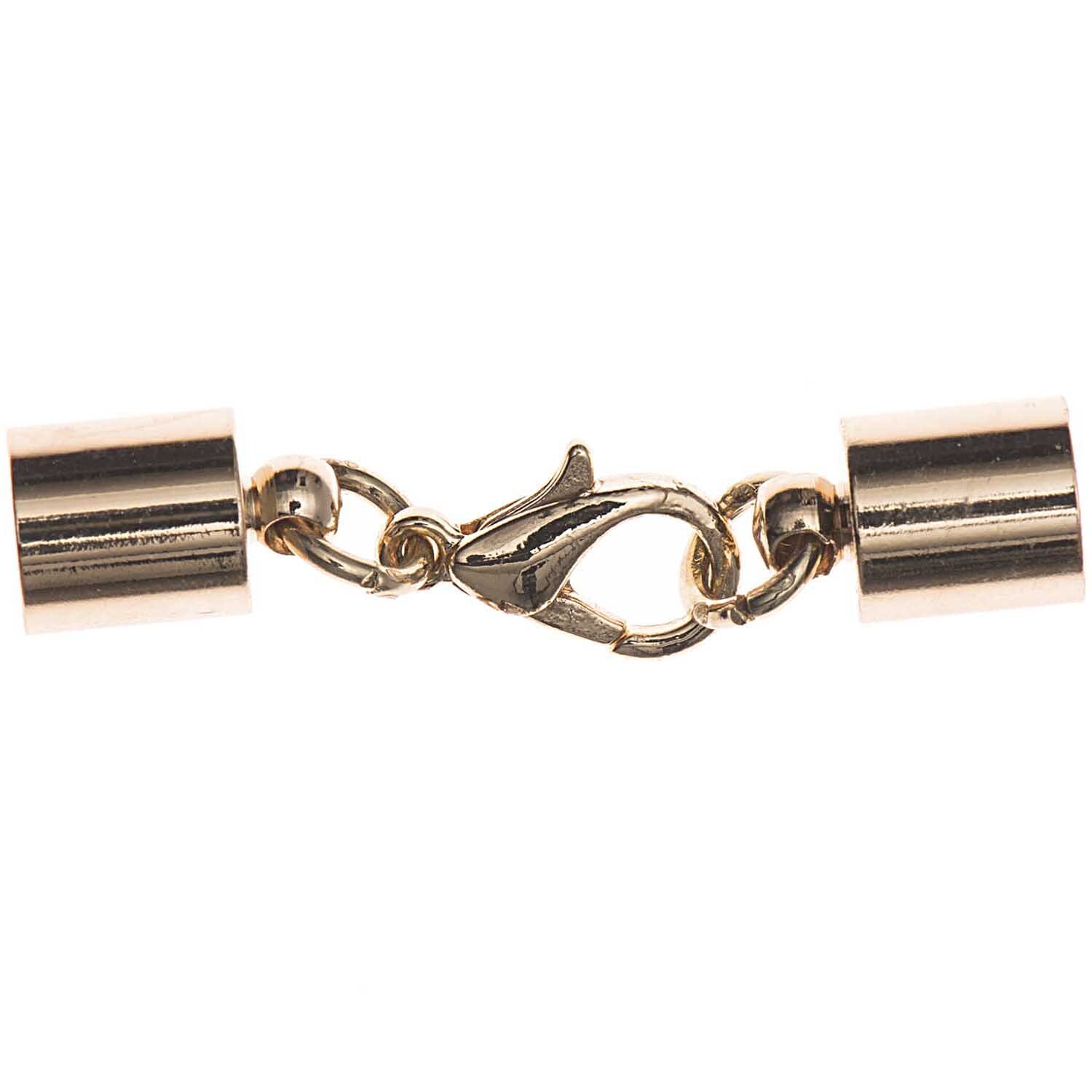 Karabiner mit Endkappen gold 7mm von Rico Design, zeigt einen goldenen Verschluss mit zwei Endkappen.