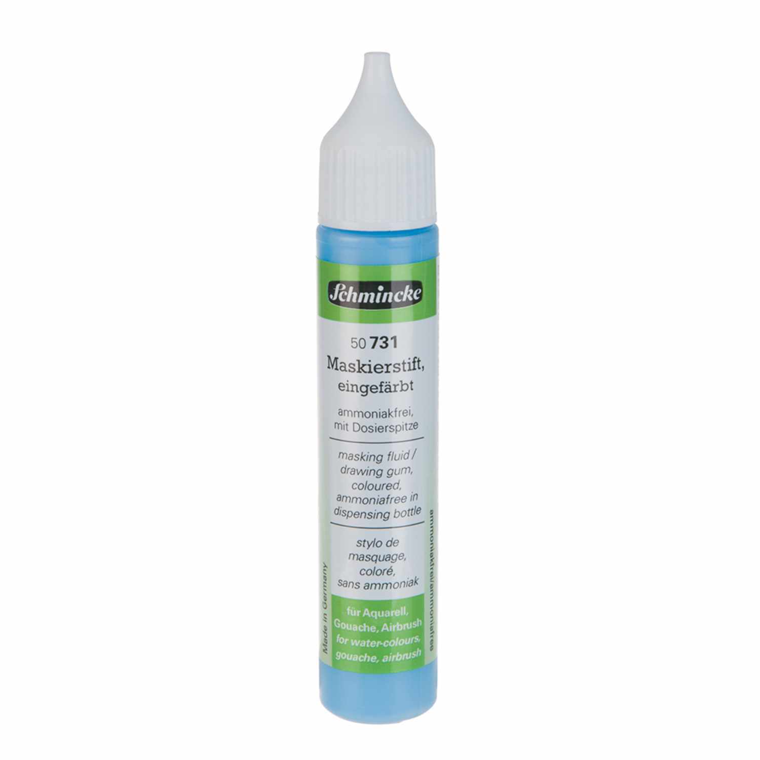 Maskierstift eingefärbt blau 25ml von Schmincke, ideal zum Abdecken beim Malen, in blauer Flasche.