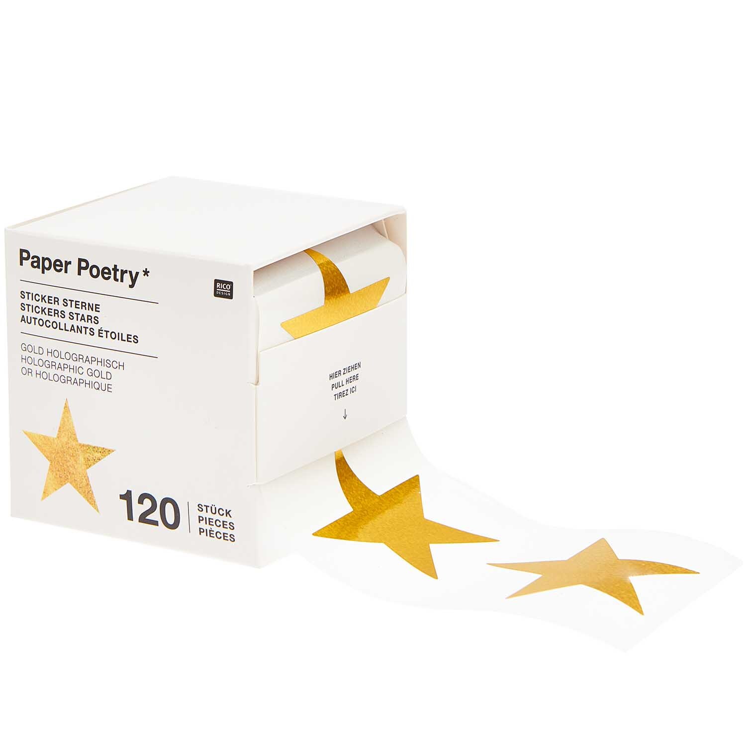 Paper Poetry Sticker Sterne, gold-holographisch, 120 Stück auf Rolle, ideal für kreative Dekorationen.