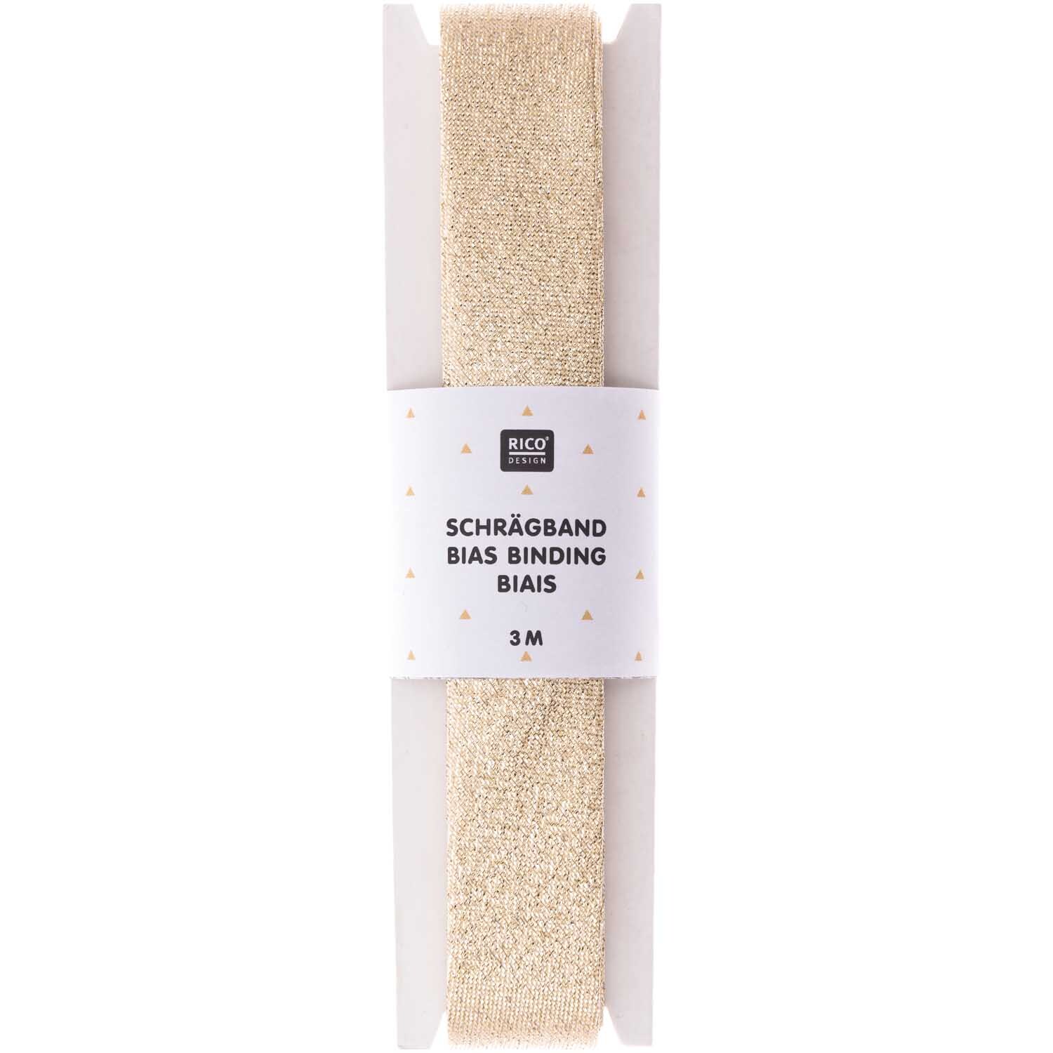 Schrägband gold 2cmx3m von Rico Design, ideal zum Nähen, auf einer weißen Verpackung präsentiert.