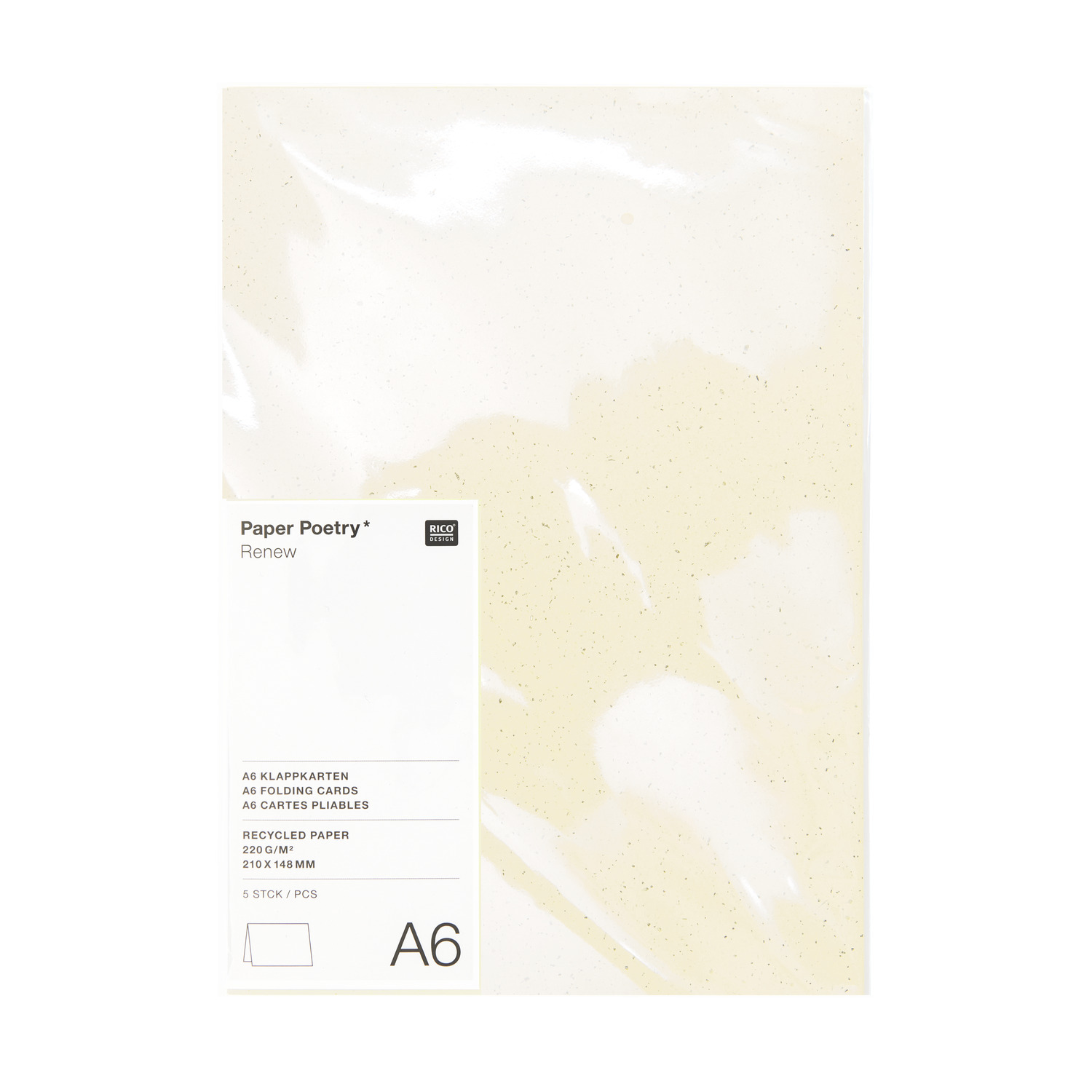 Paper Poetry Renew Karten A6, 5 Stück, elfenbeinfarbene Klappkarten von Rico Design in transparenter Verpackung. Ideal für kreative Projekte.