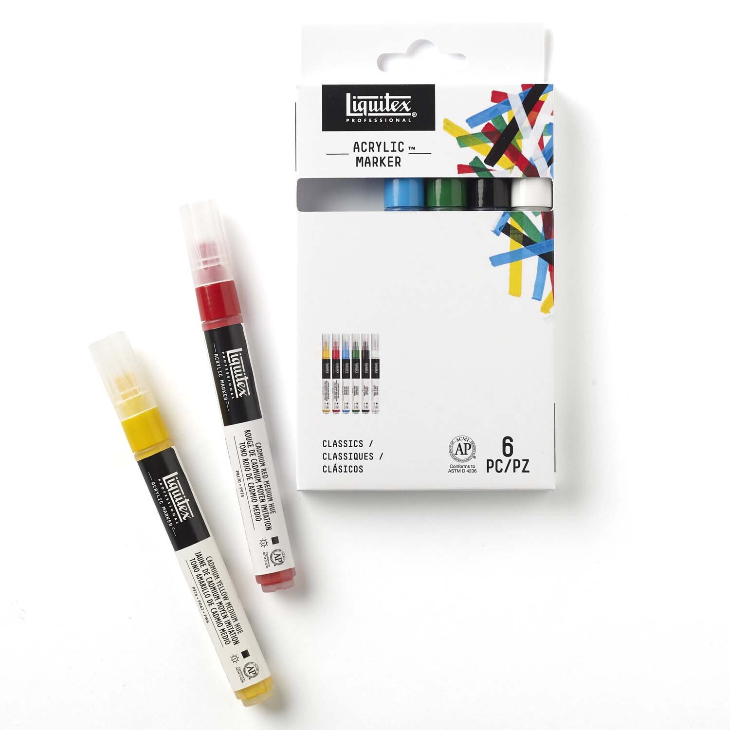 Paint Acryl Marker Set fein 6 Stück mit zwei Markern in Rot und Gelb, Verpackung zeigt bunte Streifen.