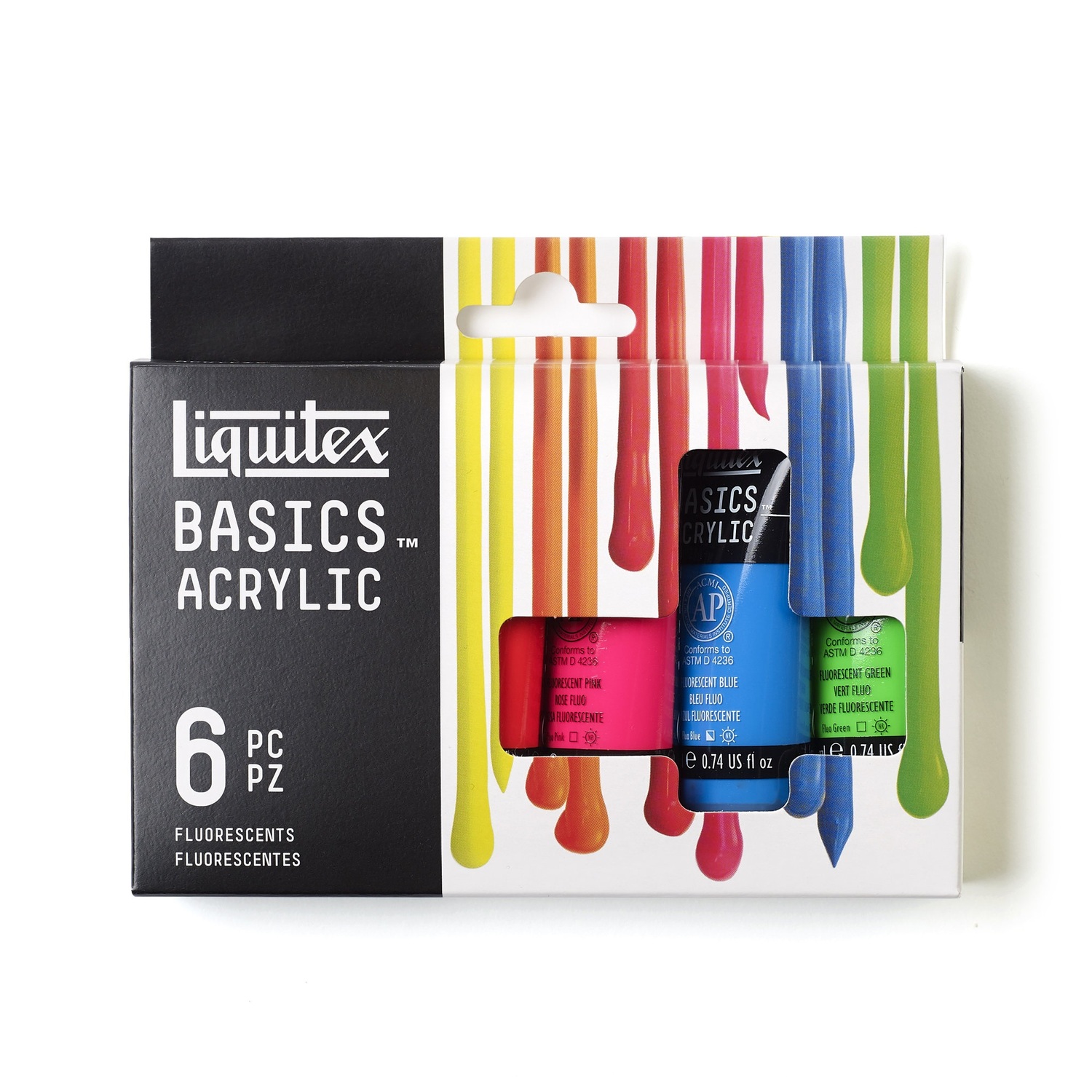 Basics Acrylfarben Set 6x22ml zeigt eine Verpackung mit sechs leuchtenden Acrylfarben von Liquitex. Ideal für kreative Projekte.