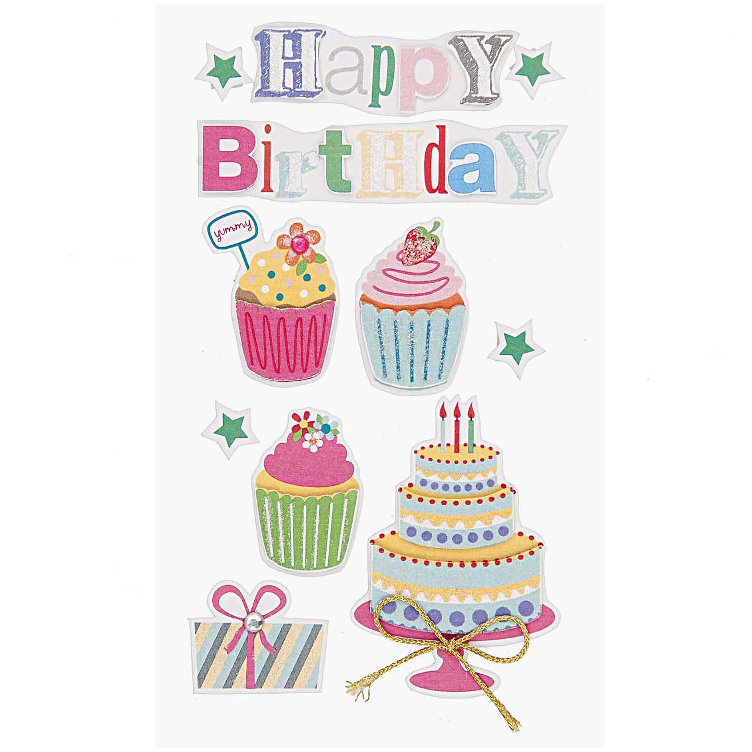 Paper Poetry 3D Sticker Happy Birthday zeigt bunte Cupcakes, eine Torte und ein Geschenk. Ideal für kreative Geburtstagskarten.