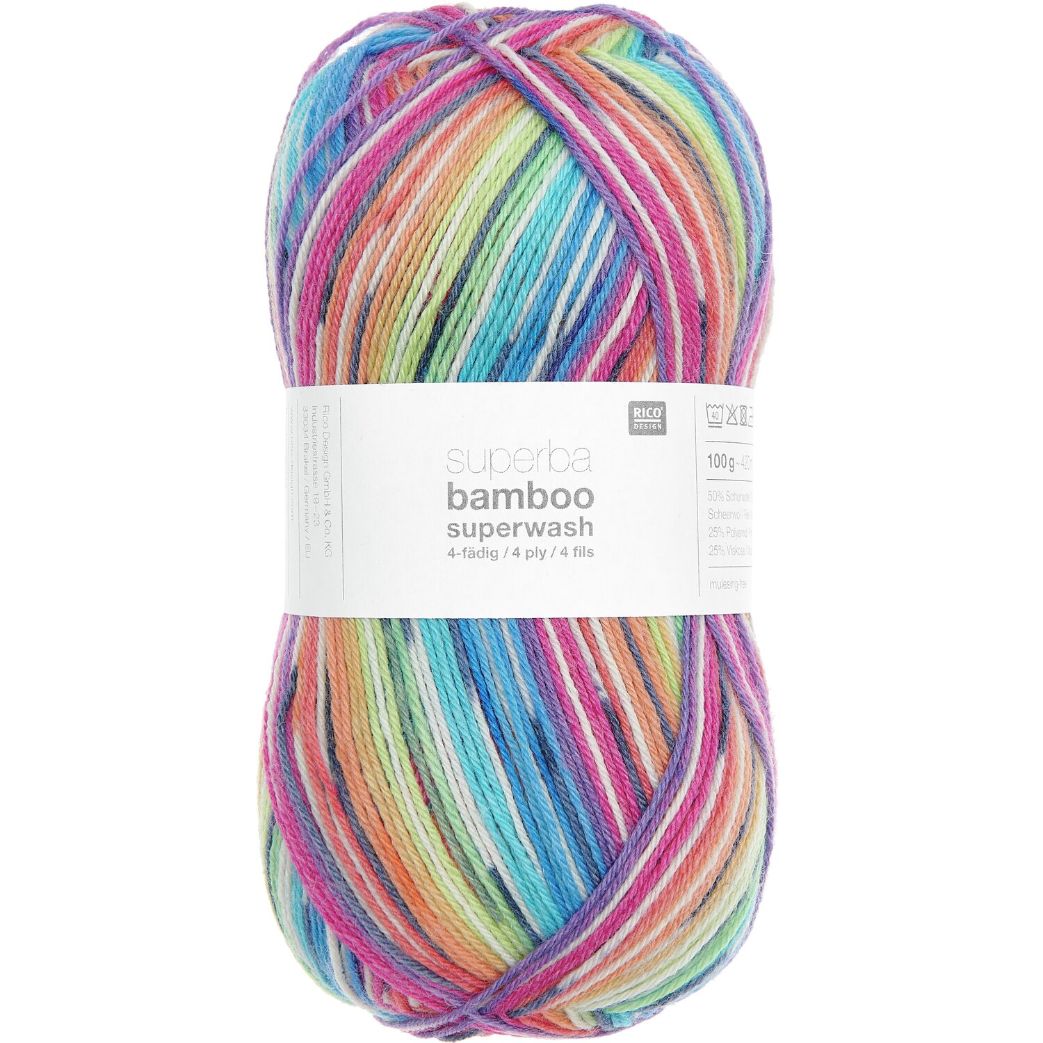 Superba Bamboo superwash, bunte Wolle, 100g 420m, ideal für Strickprojekte, weiche Textur.