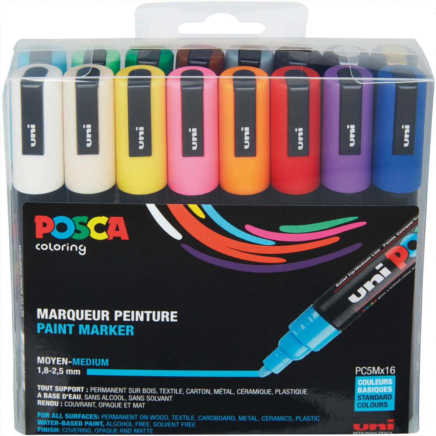 POSCA-Marker PC-5M 1,8-2,5mm 16 Stück in einer transparenten Verpackung, zeigt verschiedene Farben. Ideal für kreative Projekte.