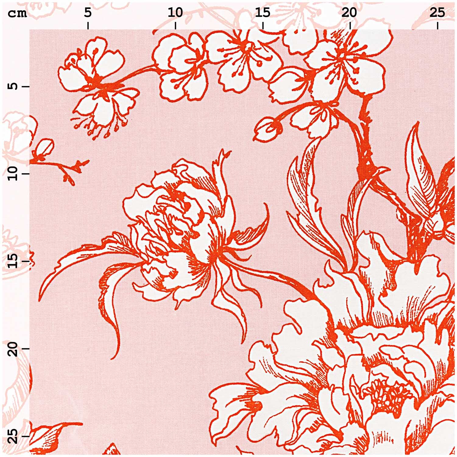 Stoff Kirschblüte puder-orange 50x140cm mit floralen Mustern von Rico Design, zeigt Kirschblüten und Pfingstrosen in zarten Farben.