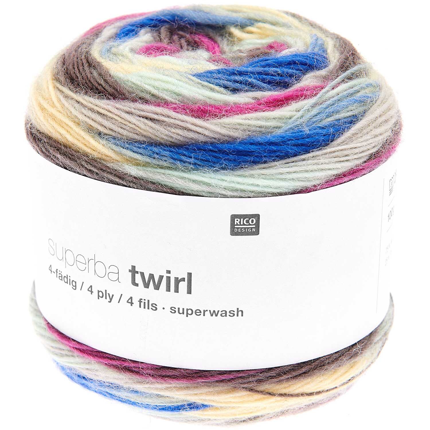 Superba Twirl 4fädig: Bunte Garnrolle von Rico Design, ideal für Sommerprojekte, 100g, 390m.