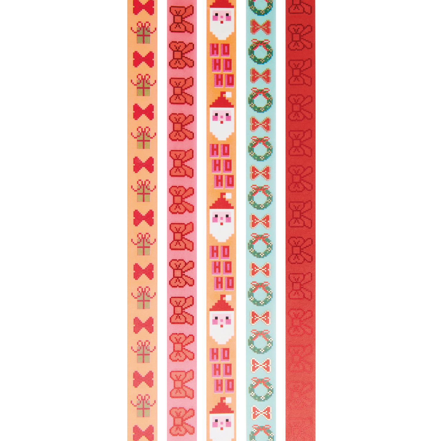 Paper Poetry Tape Set Schleifen Pixel: Fünf bunte Washi-Tapes mit weihnachtlichen Motiven von Rico Design.