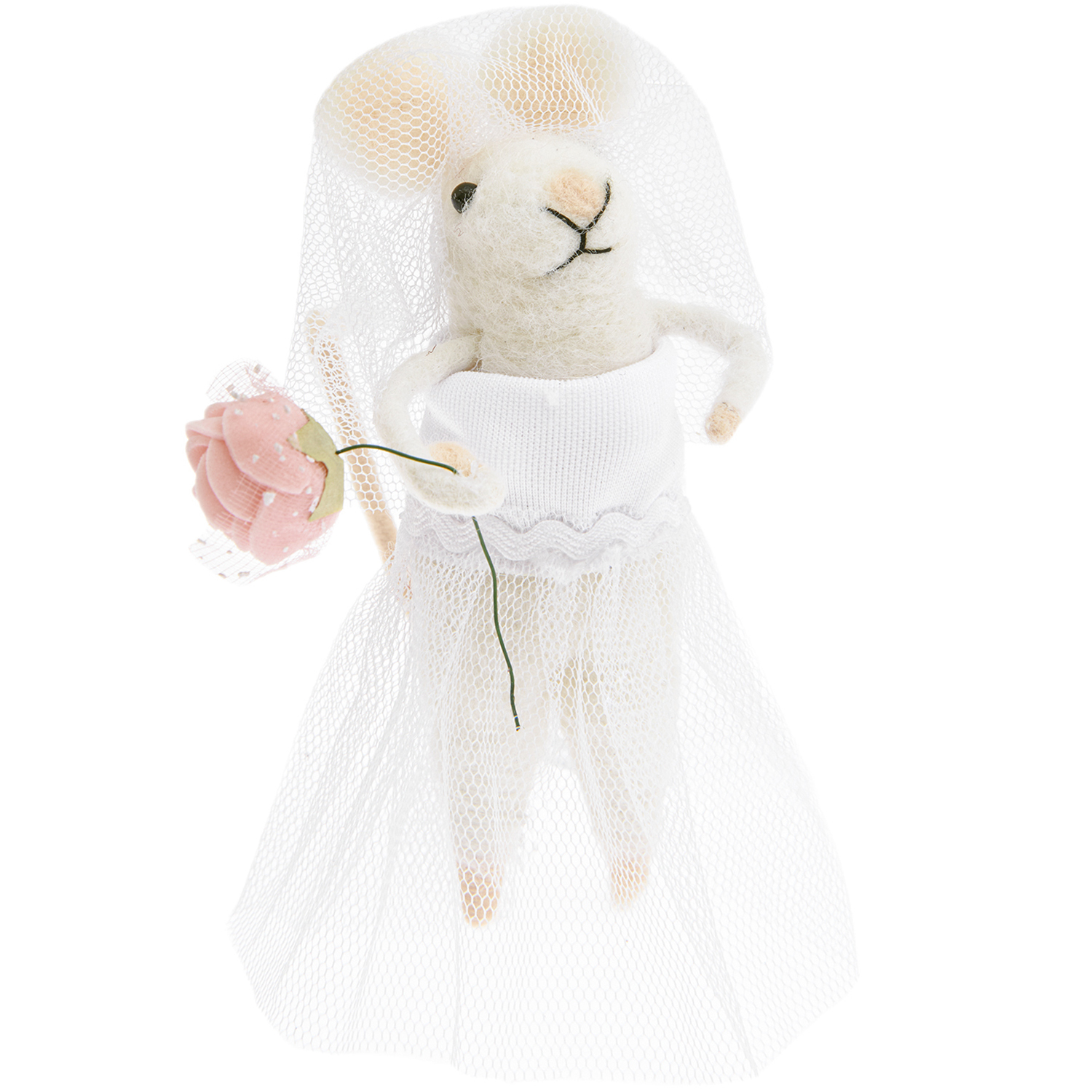 Filzmaus Braut 11,5cm von Rico Design: Niedliche Filzmaus im Brautkleid mit rosa Blume. Ideal als Dekoration oder Geschenk.