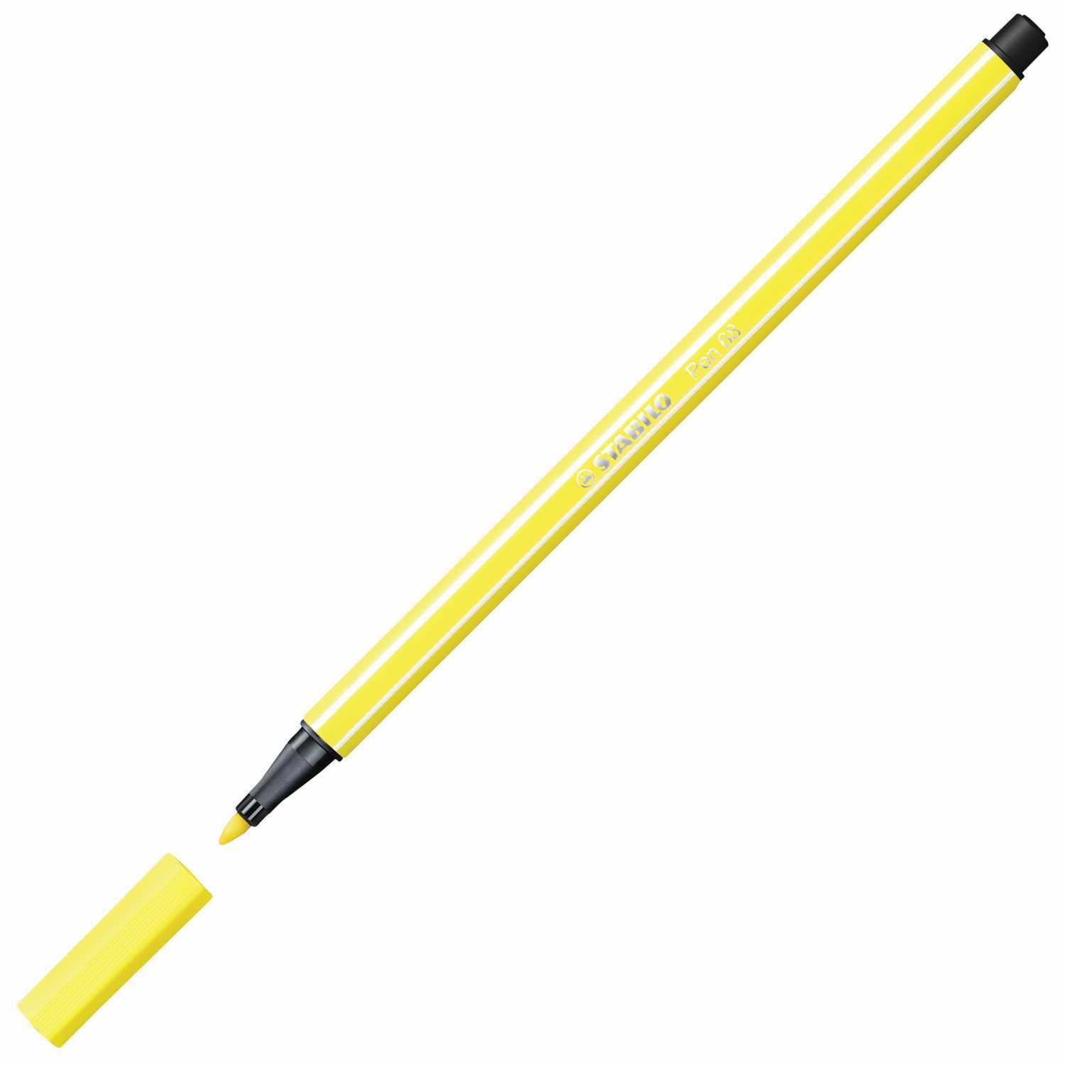 Pen 68 von STABILO in Zitronengelb, abgebildet mit abgenommener Kappe, ideal für präzises Zeichnen.