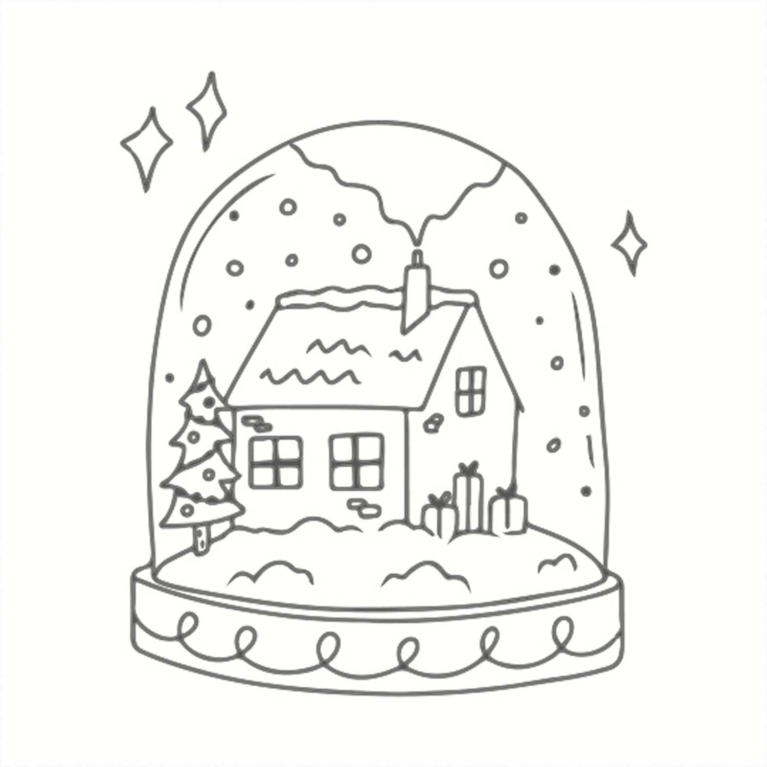 Stempel Schneekugel von May&Berry in Weiß, zeigt ein winterliches Haus mit Tannenbaum und Geschenken in einer Schneekugel. Perfekt für kreative Bastelprojekte.