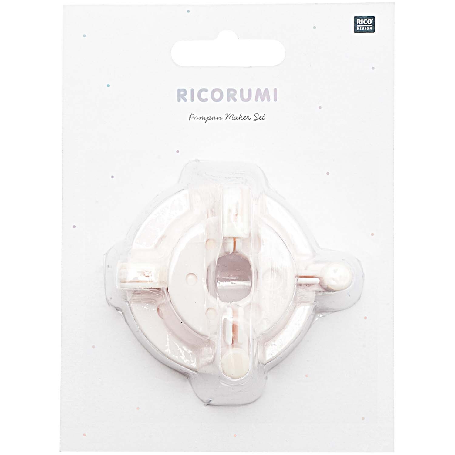 Pompon Maker Set Ricorumi: Weißes Set von Rico Design zur Herstellung von Pompons, auf Kartonverpackung.