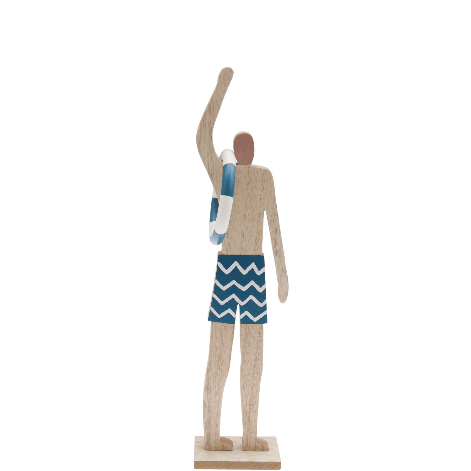 Holzaufsteller Urlauber: Figur aus Holz mit blauer Badehose und Rettungsring, 35x7x4cm.
