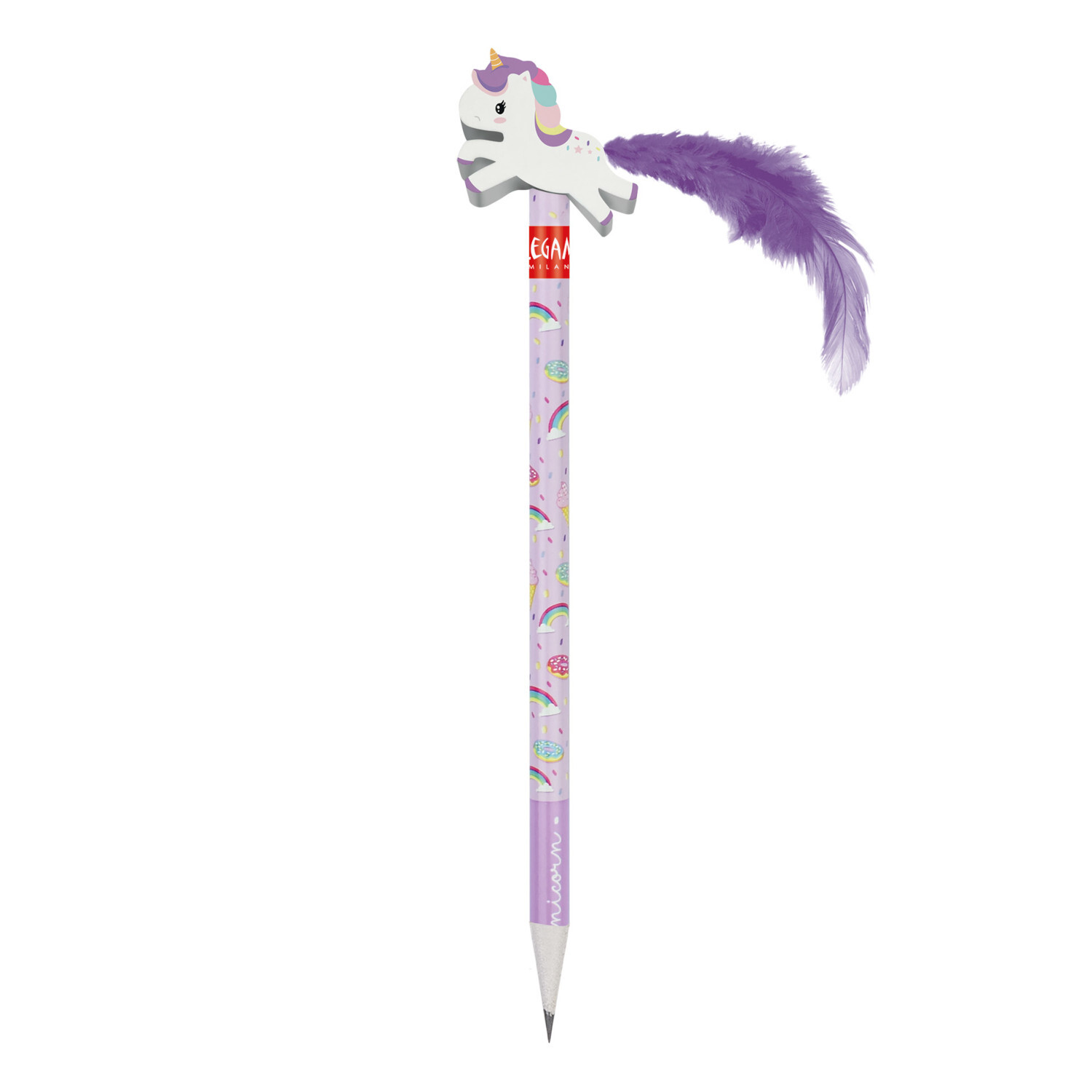 Bleistift mit Einhorn Radiergummi von Legami, verziert mit einem lila Einhorn und Feder. Ideal für kreative Köpfe.
