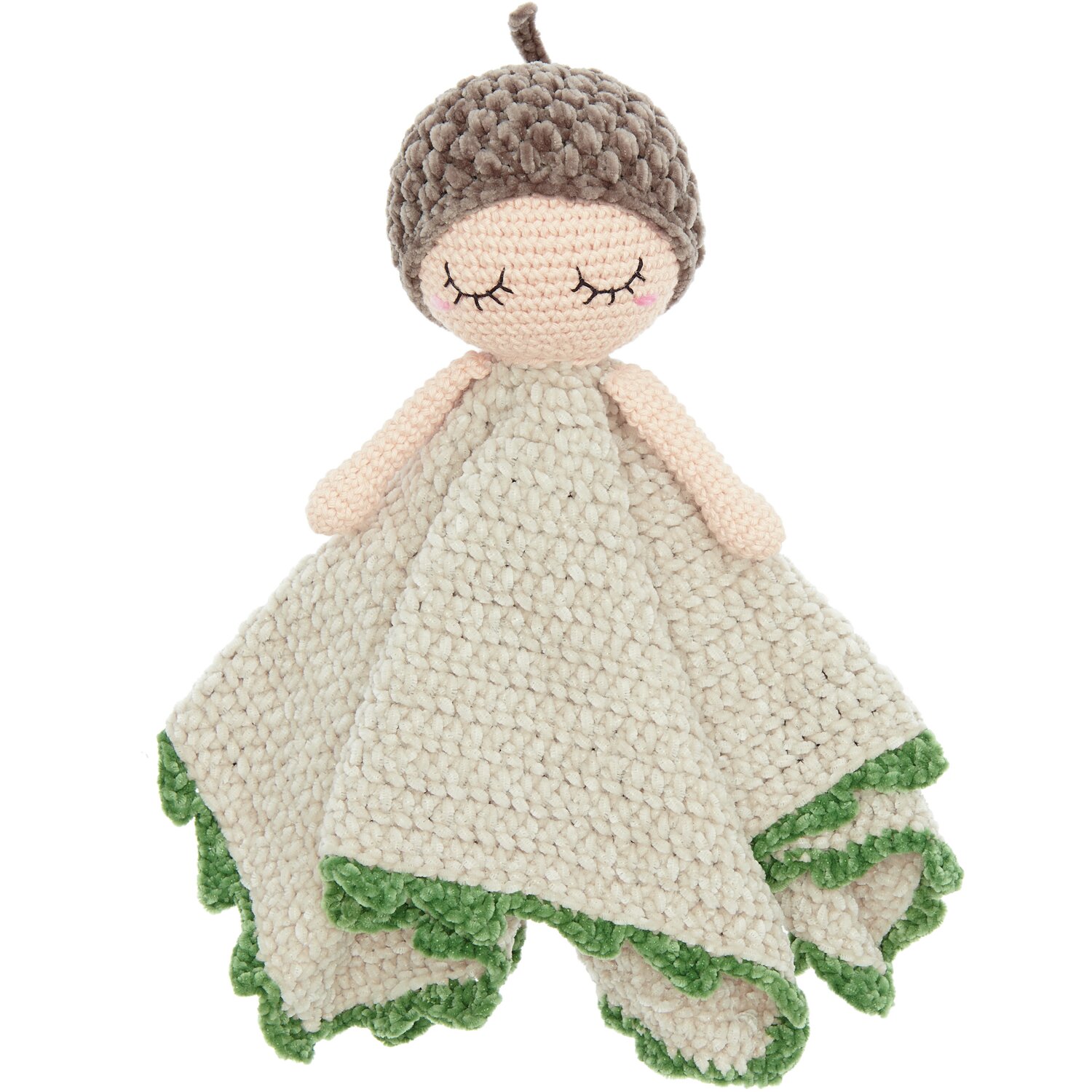 Häkelset Ricorumi Baby Blankies Eichel von Rico Design zeigt eine gehäkelte Puppe mit Eichelmütze und grün umrandeter Decke.