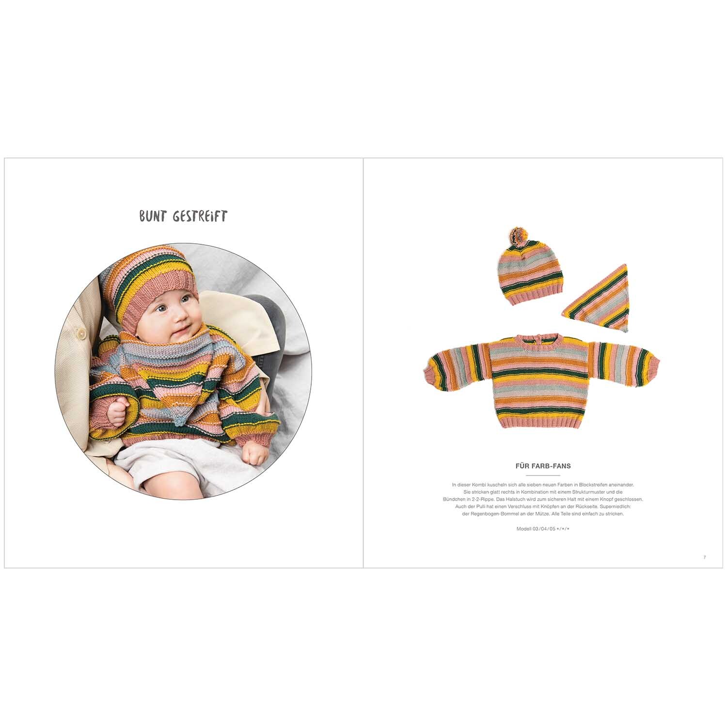 Rico Baby Heft Nr.28 zeigt ein Baby in einem bunt gestreiften Strickset mit Mütze und Pullover.
