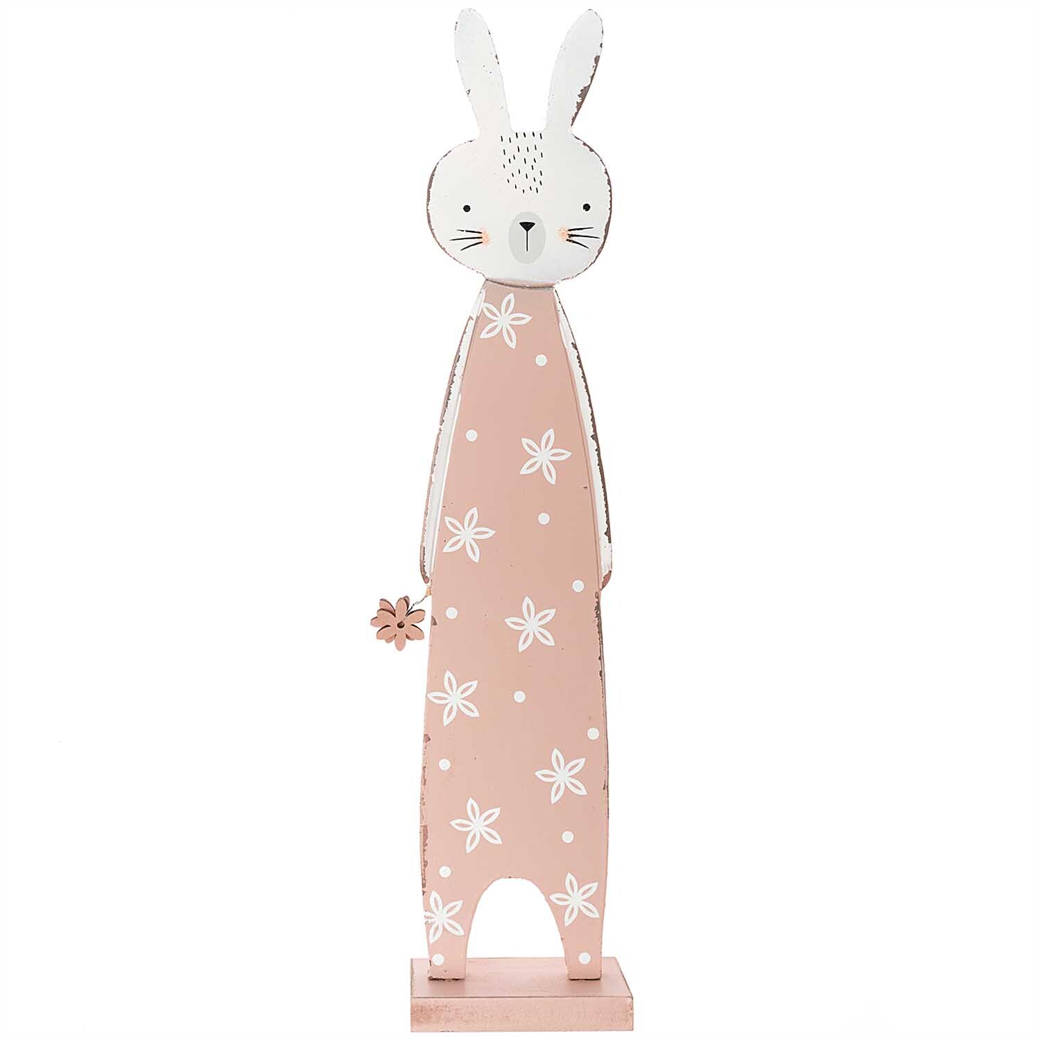 Hase zum Stellen aus Holz in rosa-weiß mit Blumenmuster, ideal für Dekorationen.