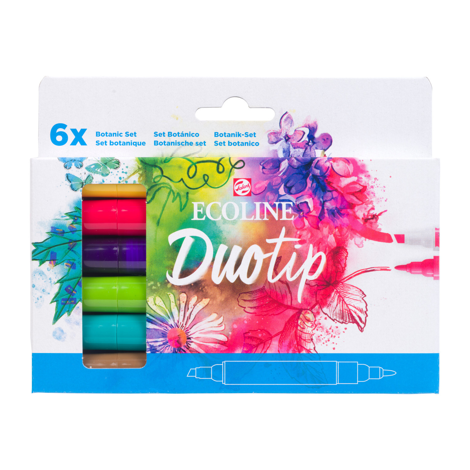 Ecoline Duotip Set Botanik mit 6 farbenfrohen Stiften von Royal Talens, ideal für kreative Projekte.