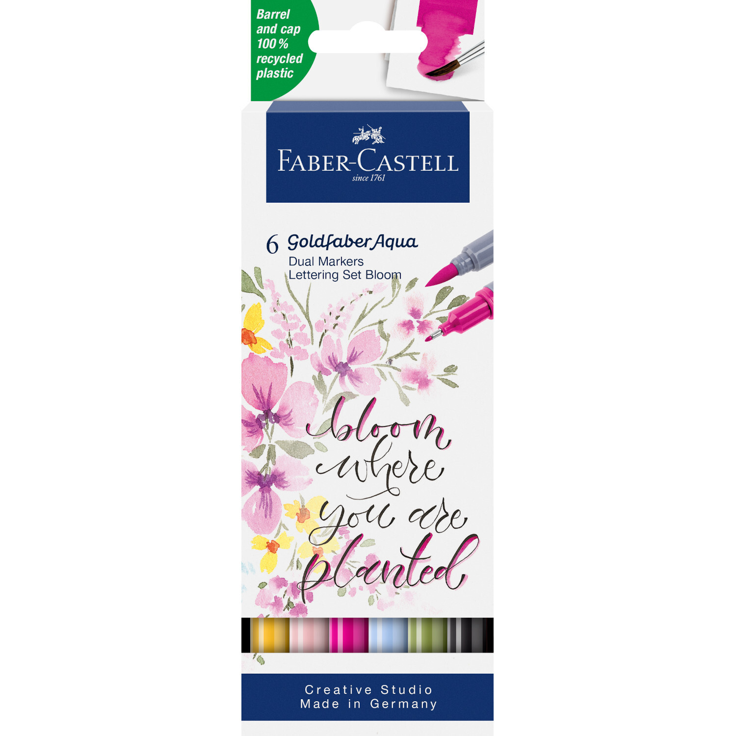Goldfaber Aqua Dual Marker Lettering Set, 6-teilig, von Faber Castell, mit floralen Designs auf der Verpackung.