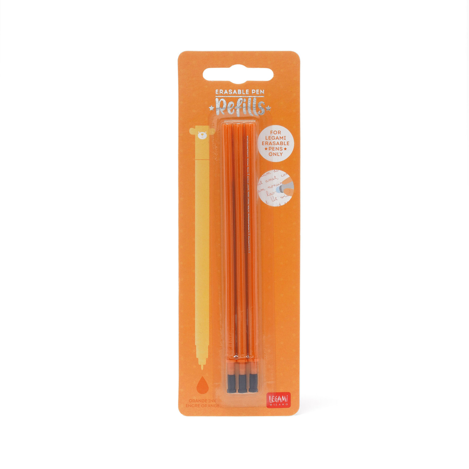 Ersatzminen für löschbaren Gelstift 3 Stück, orange, von Legami, in einer transparenten Verpackung. Ideal für präzises Schreiben.