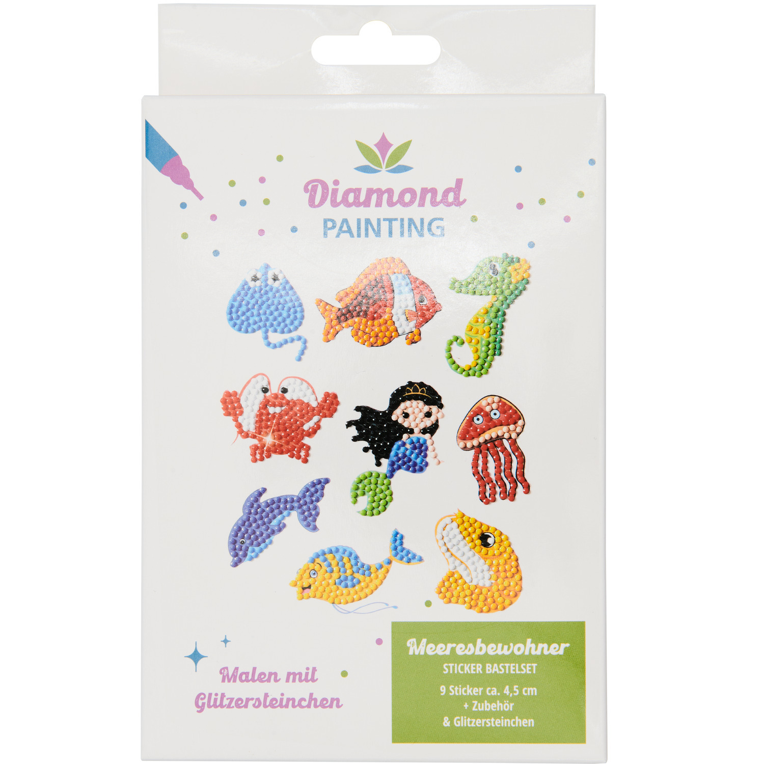 Diamond Painting Sticker Meeresbewohner mit bunten Glitzersteinen, 9 Stück, von iden, zeigt fröhliche Meeresfiguren.
