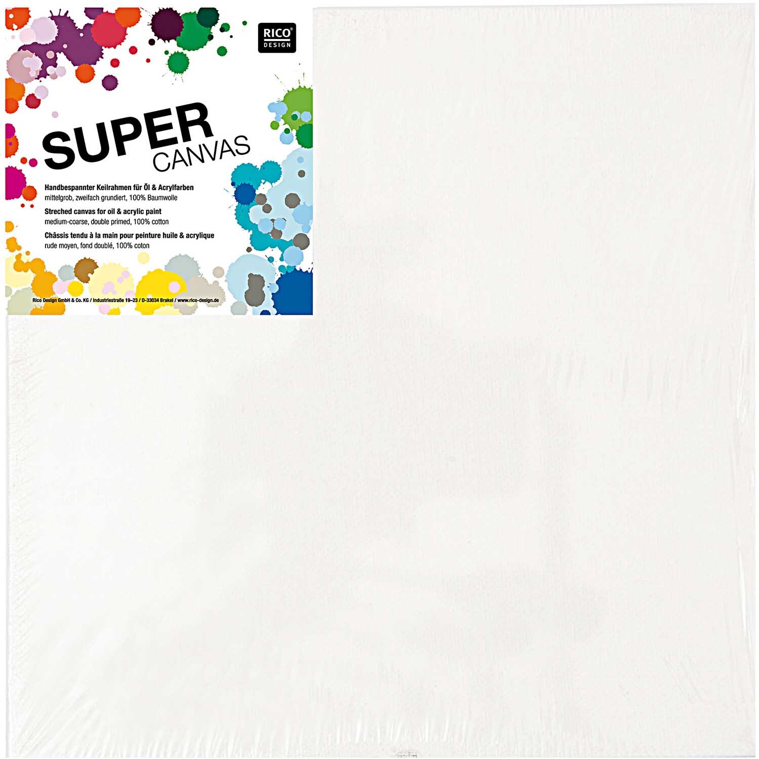 Super Canvas Keilrahmen von Rico Design, weiß, mit buntem Etikett und Farbklecksen verziert. Ideal für kreative Malprojekte.