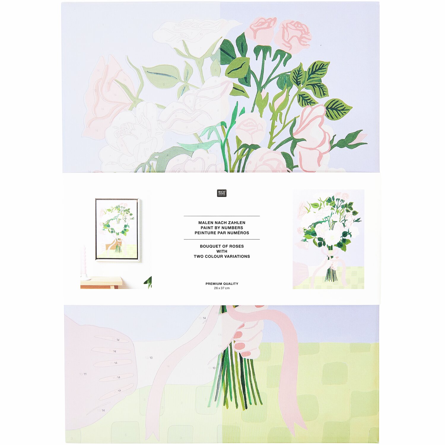Malen nach Zahlen Rosen Bouqet zeigt ein elegantes Blumenarrangement mit zarten Rosen in Pastelltönen, ideal für kreative Hobbymaler. Größe: 26x37cm.