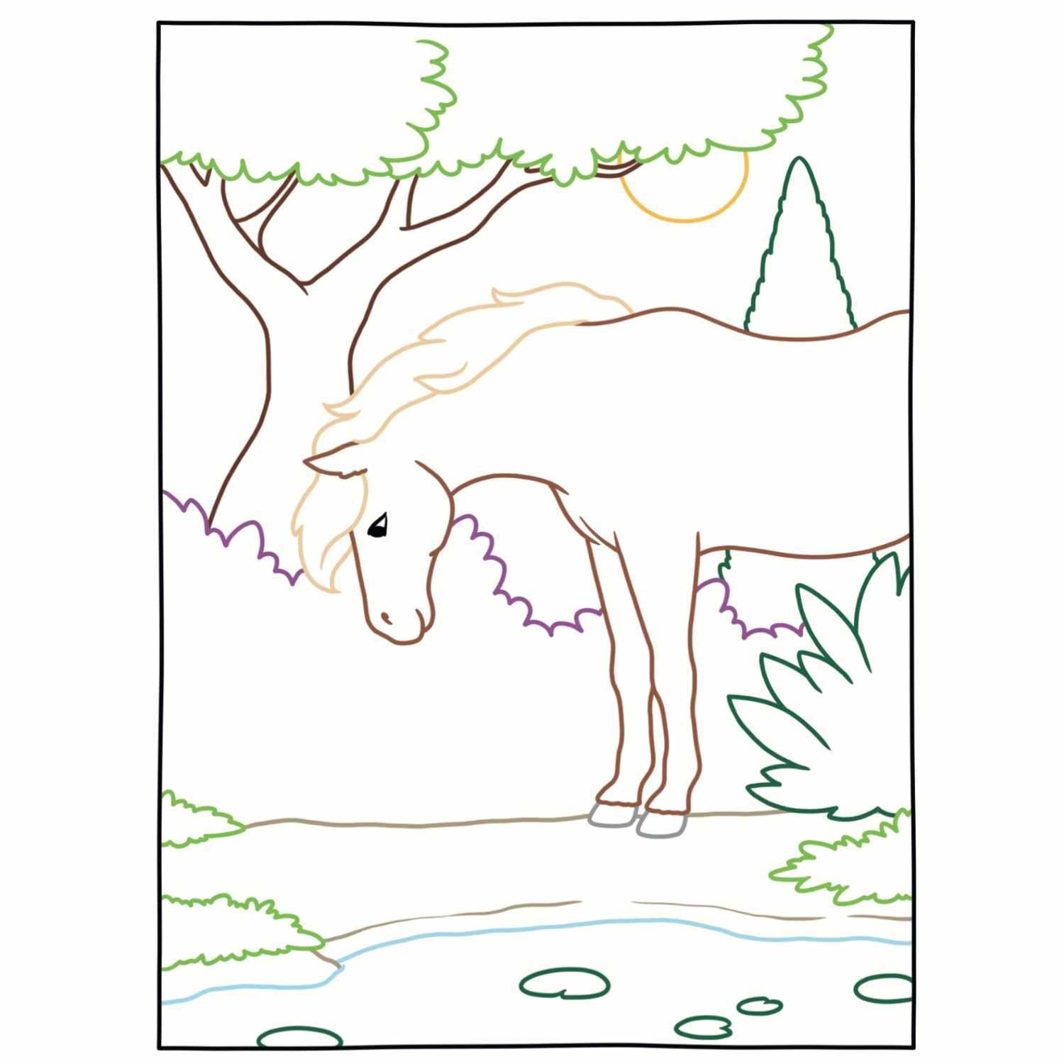 Zauberpapier - Das große Malbuch Pferde zeigt ein Pferd an einem Fluss in einer Waldlandschaft. Ideal für kreative Kinder.