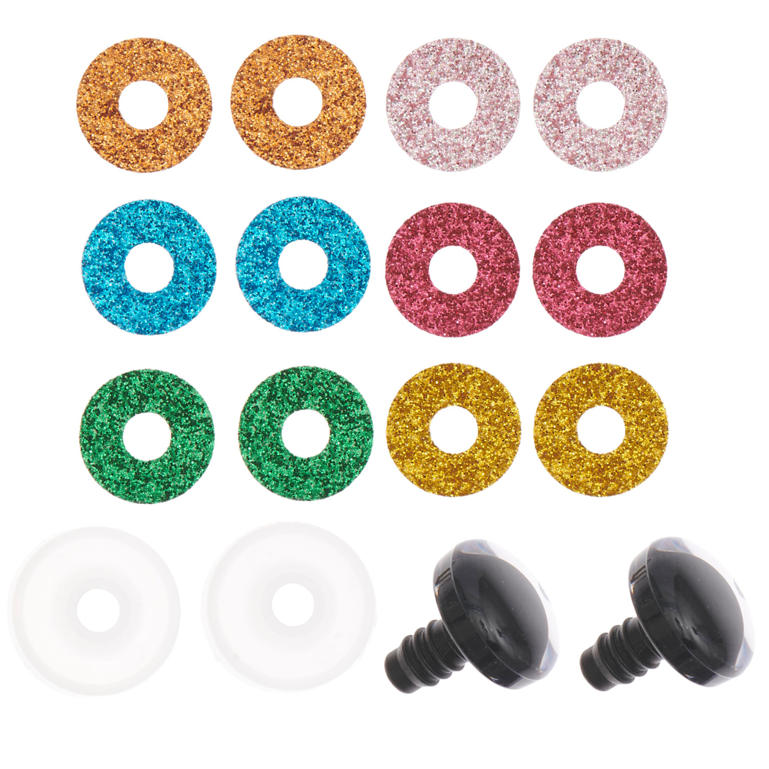 Sicherheitsaugen-Set für Kuscheltiere in 6 Farben von Rico Design. Enthält glitzernde Ringe und schwarze Augen, ideal für DIY-Projekte.