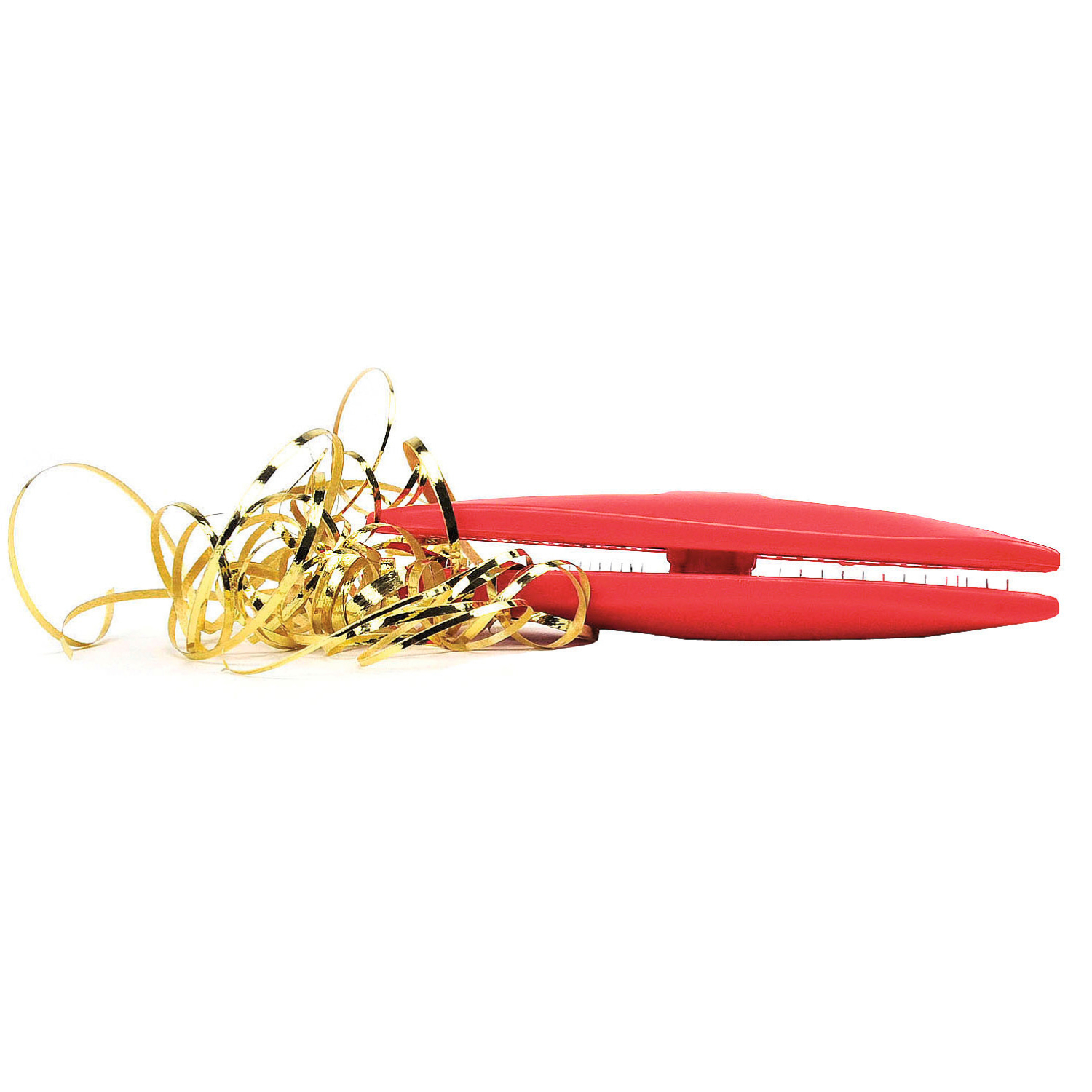 Band-Splicer mit Metallzähnen in Rot, dekoriert mit goldenen Bändern, ideal für kreative Bastelprojekte.