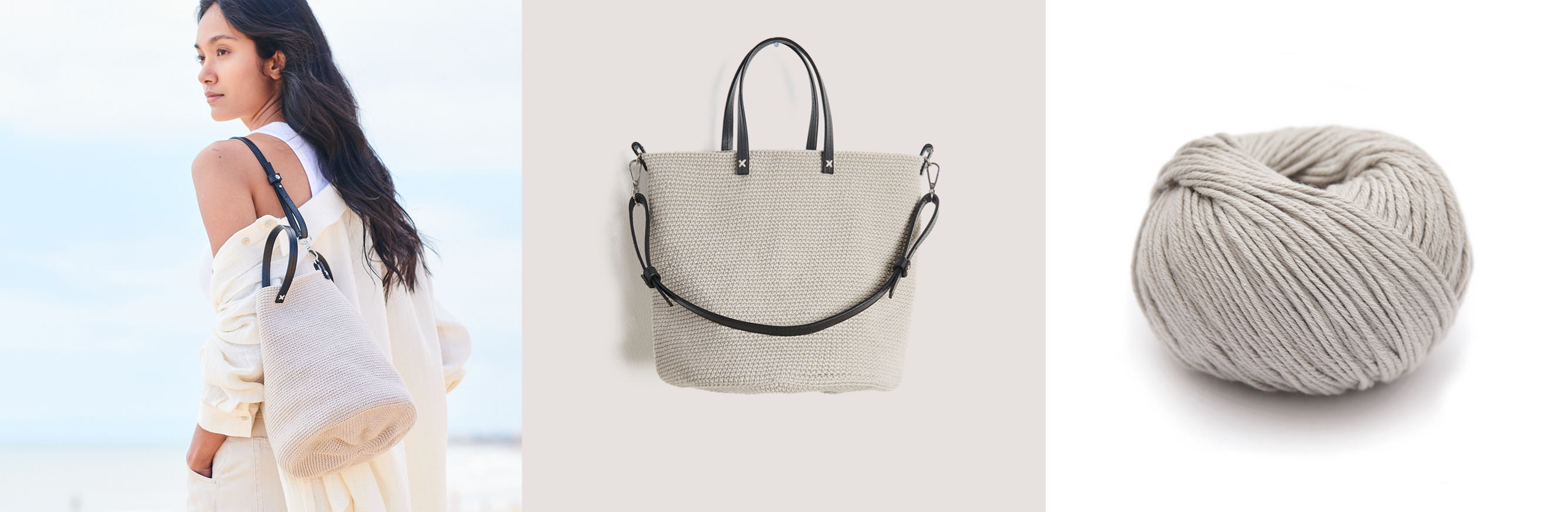 Gehäkelte Tasche Modell 08 aus Lovewool No. 18 getragen am Model und präsentiert vor einer grauen Wand. Daneben ein Garnknäuel in Grau