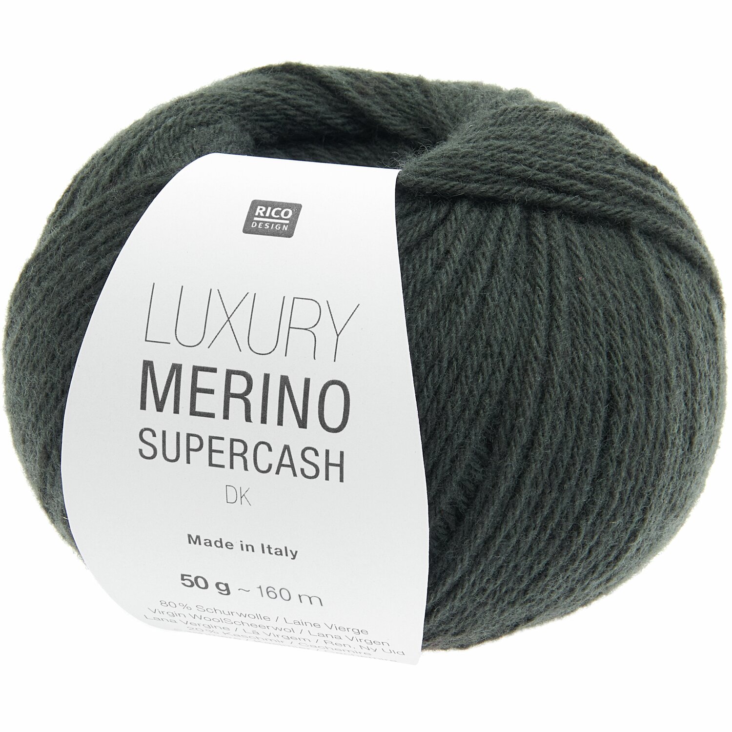Luxury Merino Supercash dk Wolle in Oliv von Rico Design, 50g Knäuel mit 160m Länge.