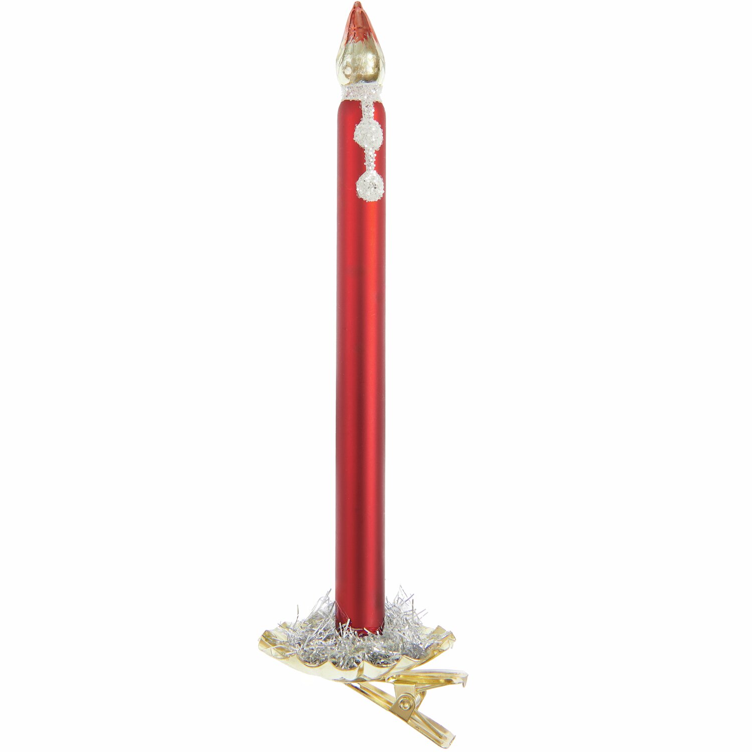 Baumschmuck Glaskerze mit goldenem Metallchip, elegant in Rot, verleiht jedem Weihnachtsbaum einen festlichen Glanz.