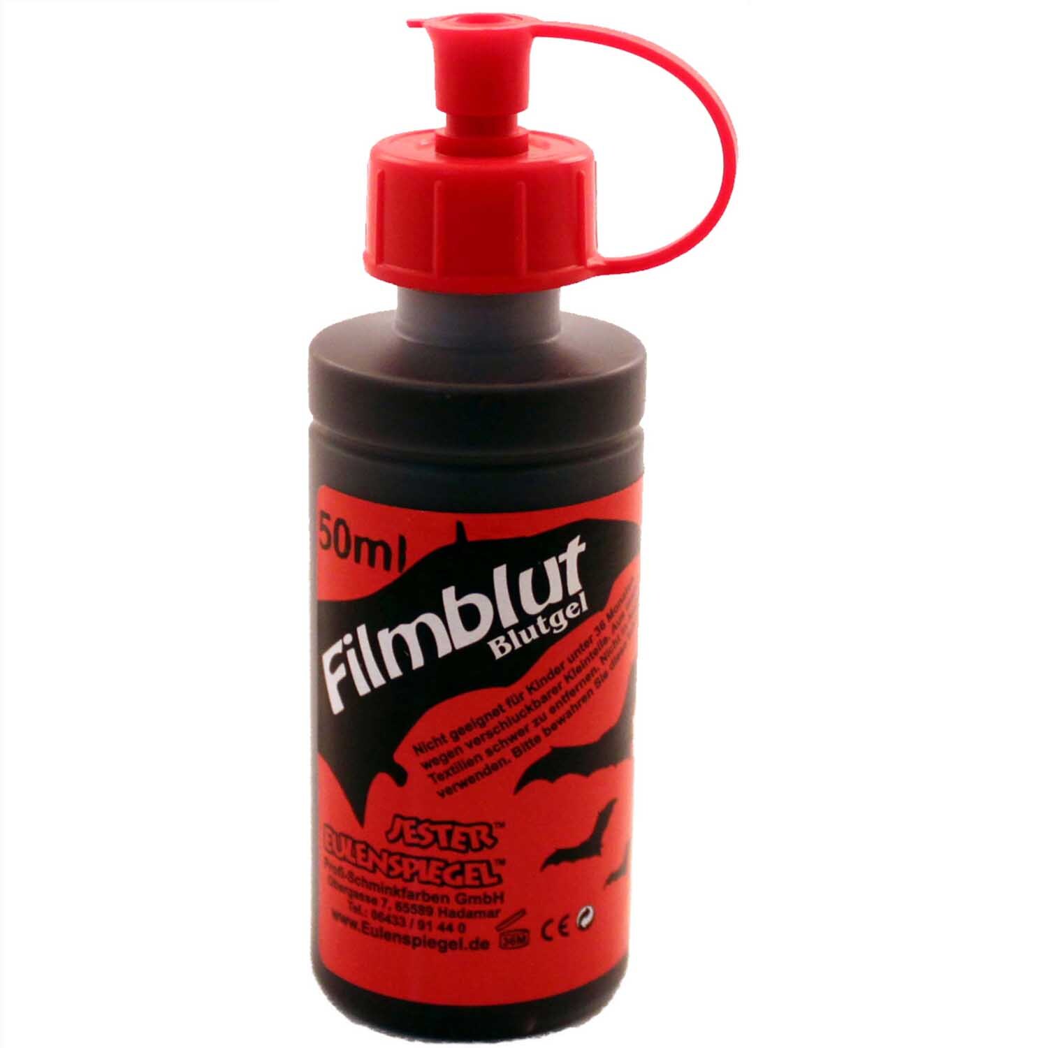 Filmblut dunkelrot in einer 50ml Flasche von Eulenspiegel, ideal für realistische Spezialeffekte.