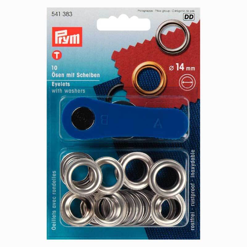 Ösen mit Scheiben silber 14mm 10 Stück von Prym, verpackt in einer Blisterpackung mit blauem Hintergrund.