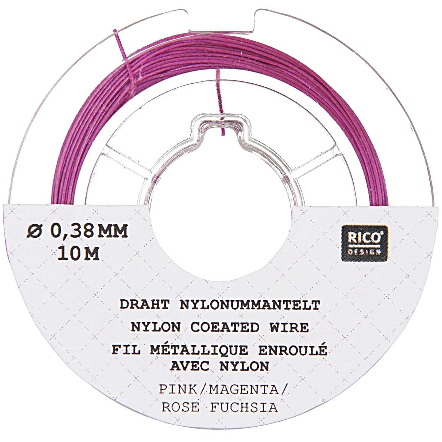 Draht Nylonummantelt pink 0,38mm 10m von Rico Design auf Spule, ideal für kreative Projekte.