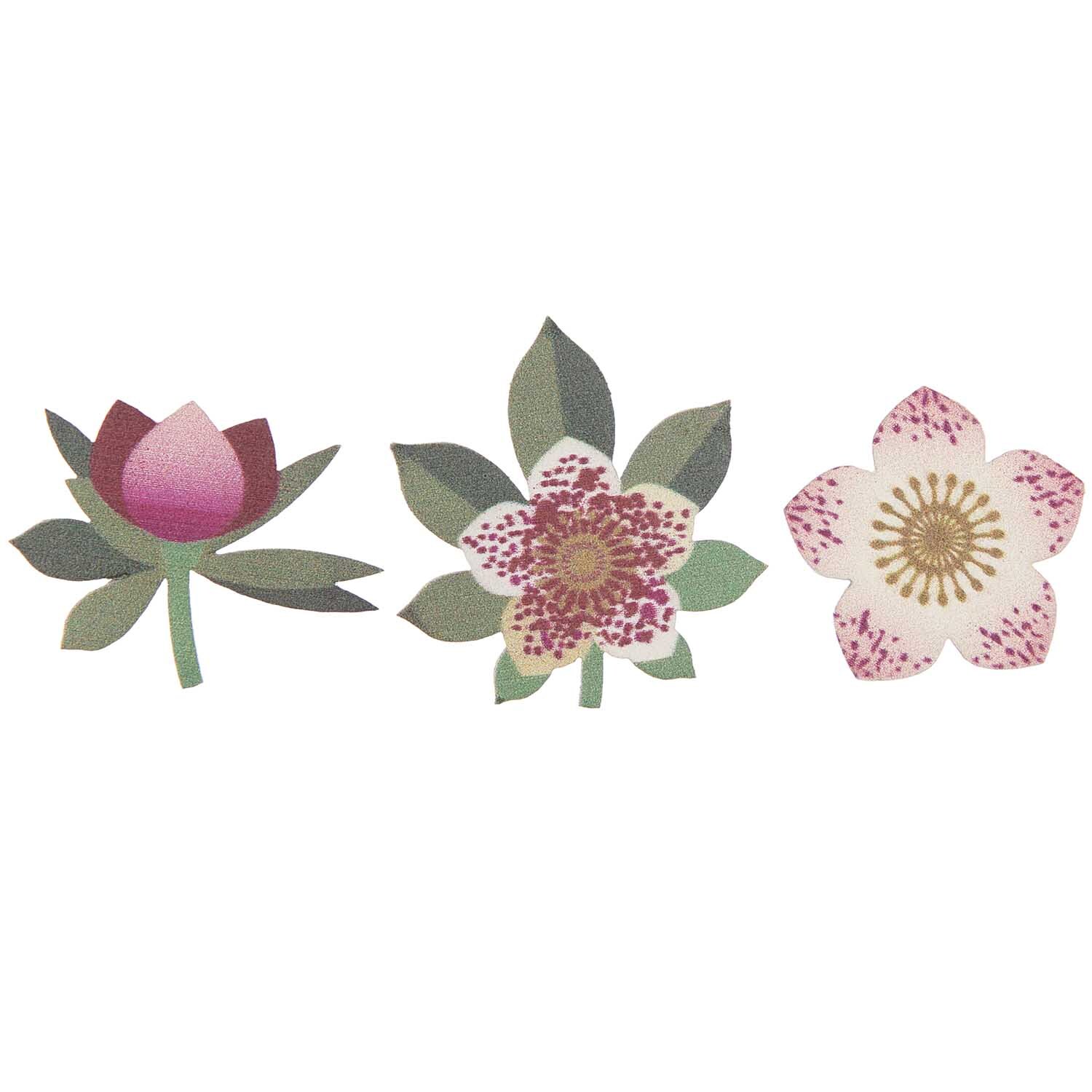 Holzstreu Christrose 24 Stück von Rico Design zeigt drei stilisierte Christrosen in verschiedenen Farben und Designs.