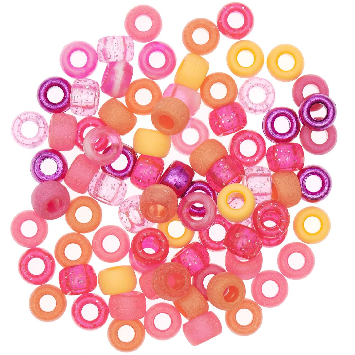 Itoshii - Ponii Beads Beere Mix 9x6mm 80 Stück, bunte Perlen von Rico Design in verschiedenen Rosa- und Orangetönen auf weißem Hintergrund.