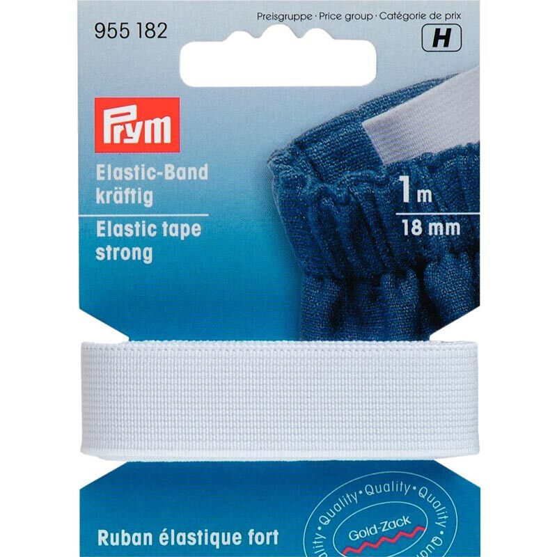 Elastic Band Gummi kräftig weiß 18mm 1m von Prym, präsentiert auf einer Verpackung mit blauem Hintergrund.
