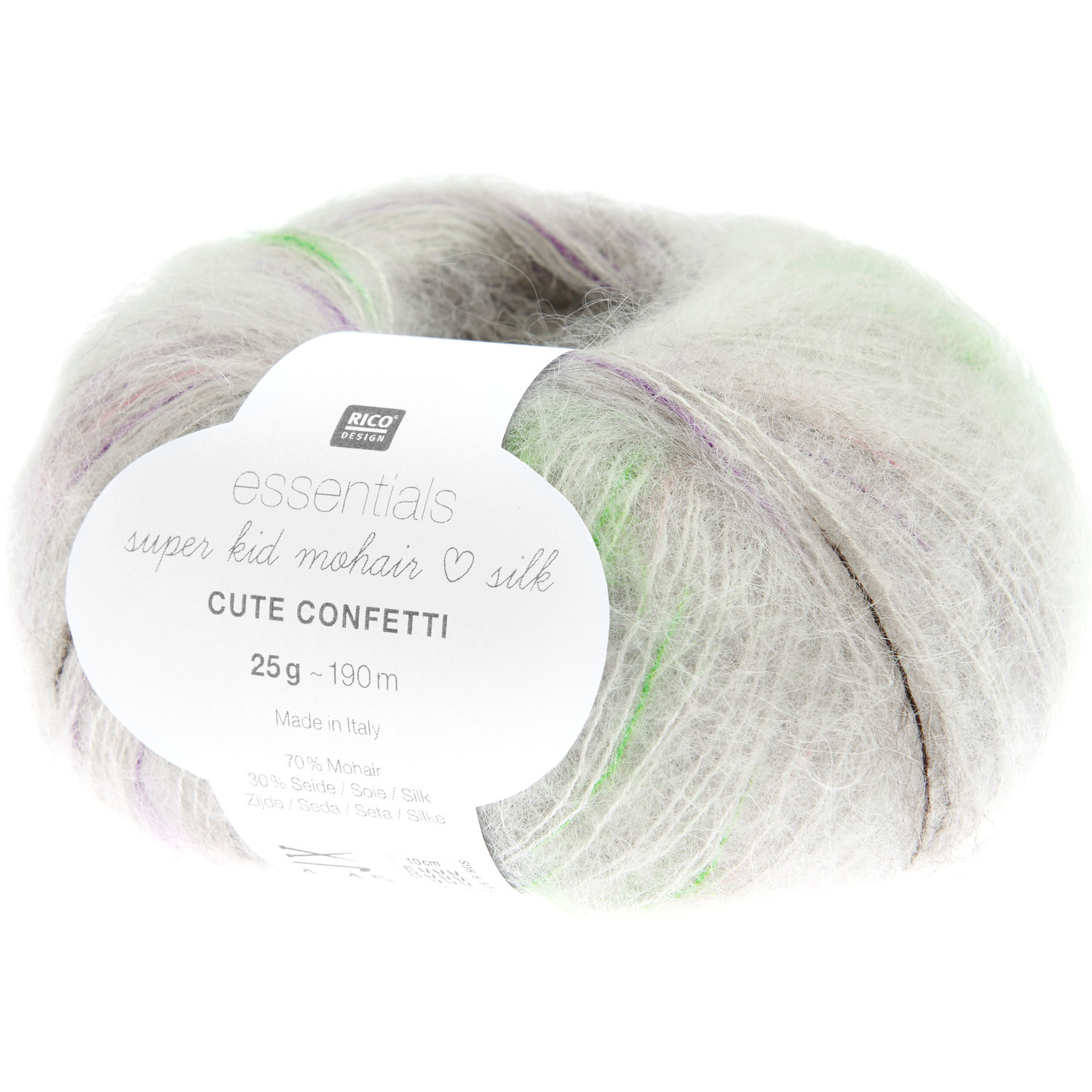 Essentials Super Kid Mohair Loves Silk Cute Confetti: Weiches Garn in Pastelltönen von Rico Design, ideal für Strickprojekte.