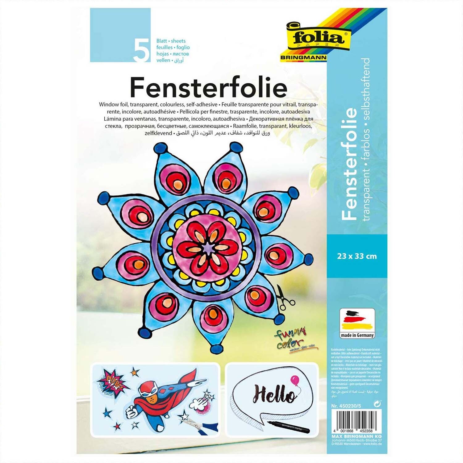 Fensterfolie adhäsiv 23x33cm 5 Stück mit buntem Mandala-Design und "Hello"-Schriftzug, Marke folia.