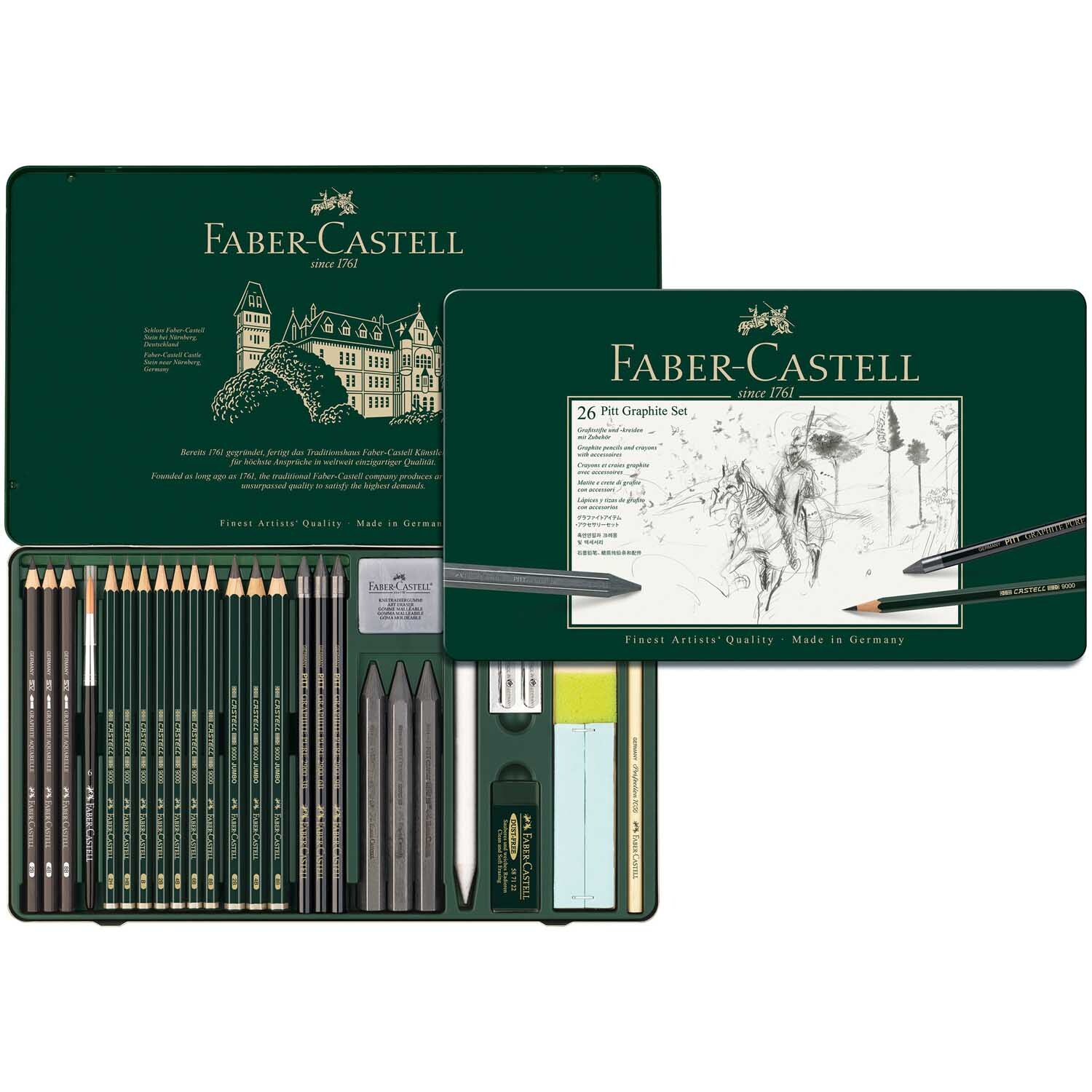 Pitt Graphite Zeichenset groß von Faber Castell, 26-teilig, in grüner Metallbox mit Stiften und Zubehör.