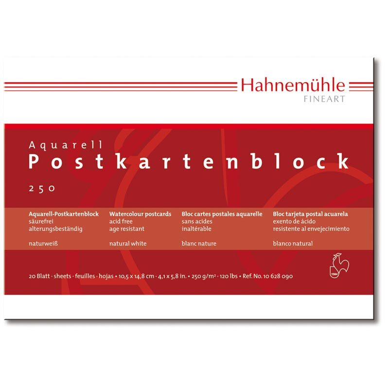 Aquarell Postkartenblock rau A6 250g/m² 20 Blatt von Hahnemühle, weiß, auf rotem Hintergrund.