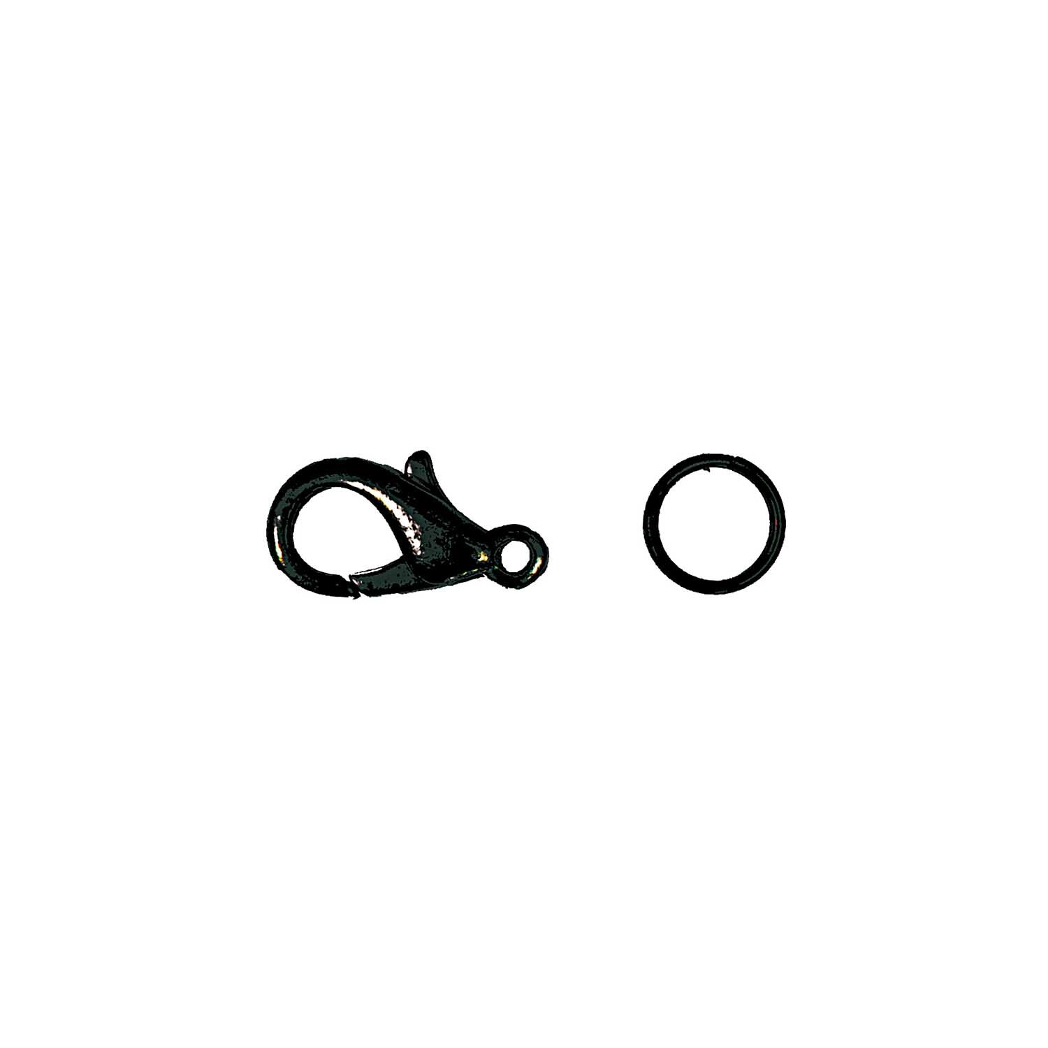 Karabiner mit 2 Federringen von Rico Design, zeigt einen schwarzen Karabiner und einen Federring. Ideal für Schmuckdesigns.